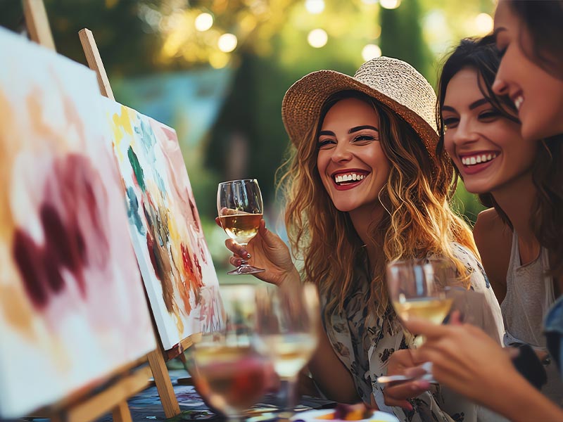 Bachelorette party group enjoying Paint and Grape art classes in Dubai with premium canapes and drinks